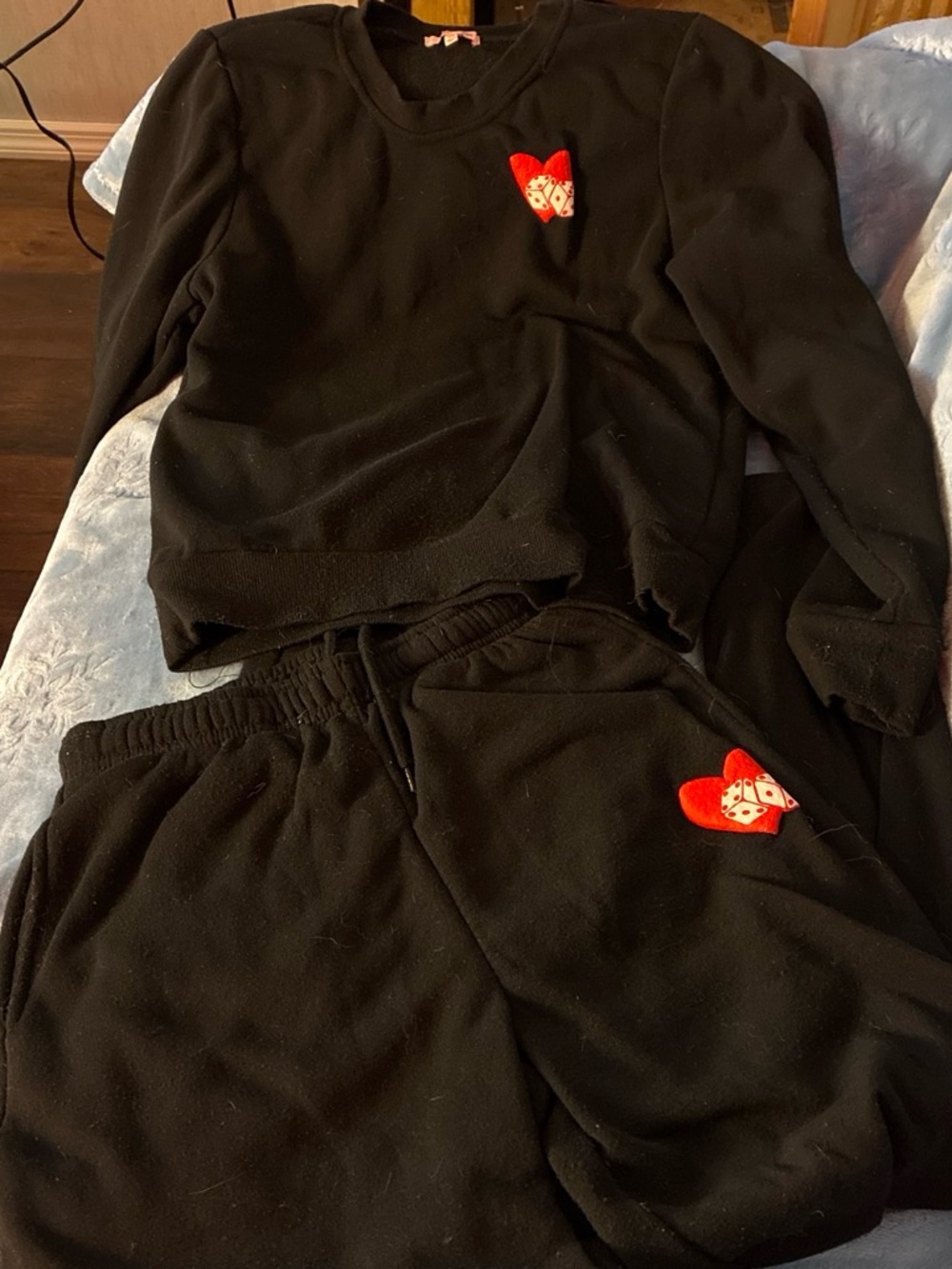 Black Women's Crewneck Sweater with Red Heart Detail and matching sweats